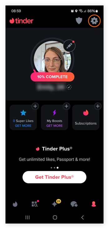 Profile page on Tinder app