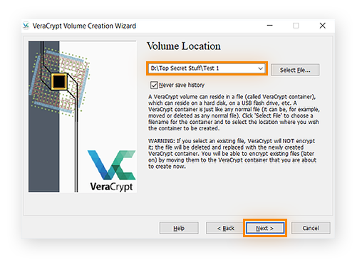 Auswählen eines Speicherortes für ein Laufwerk in VeraCrypt für Windows